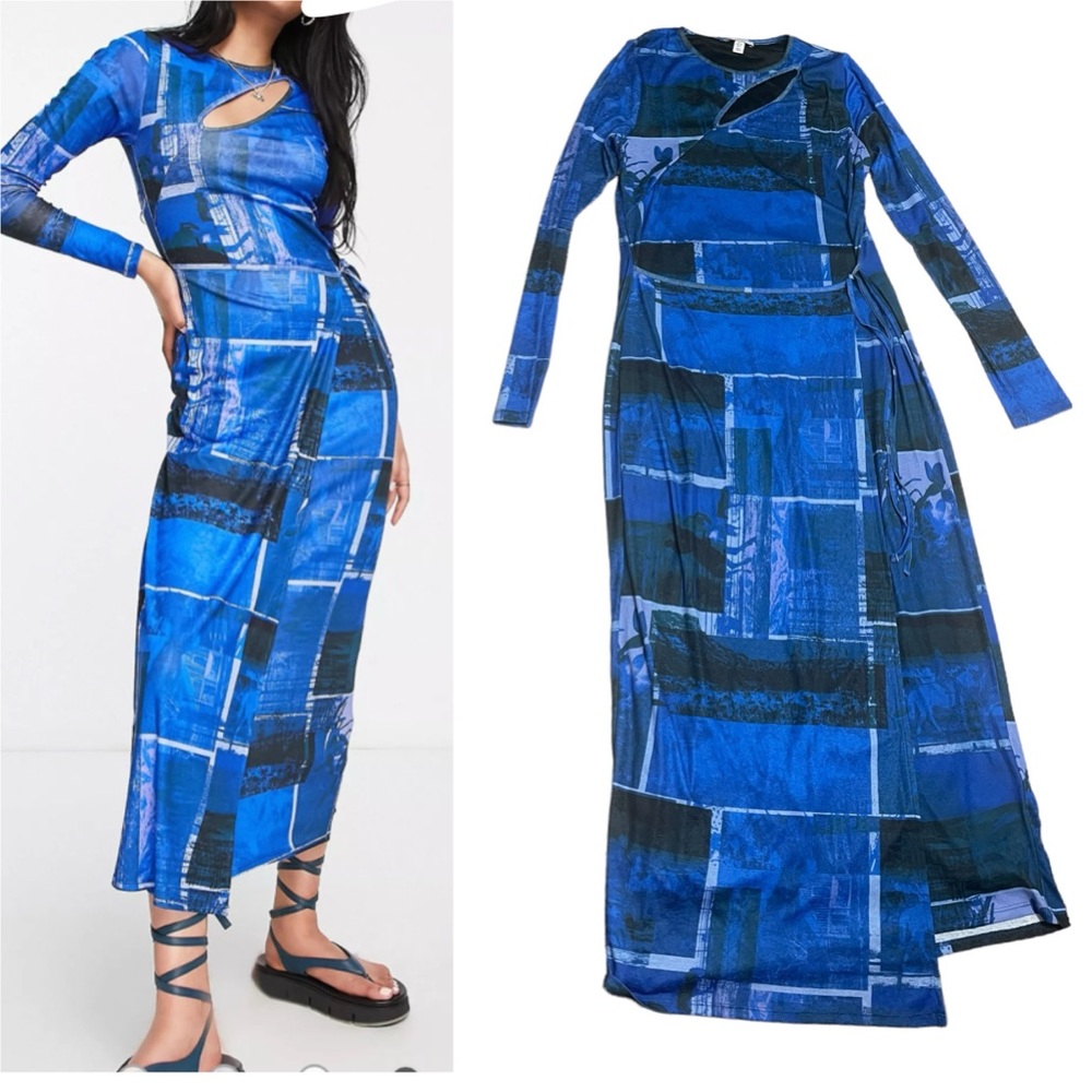 Topshop ranch print cut-out jersey midi dress in blue